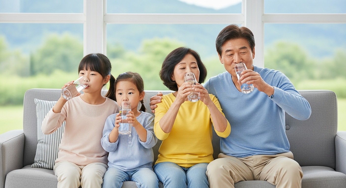 가족이 함께 물을 나눠 마시는 장면