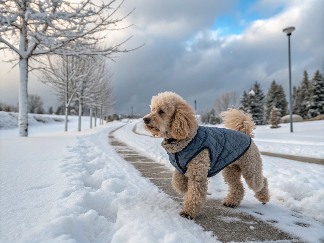 겨울에 산책중인 푸들