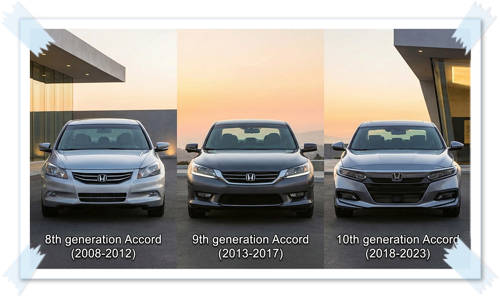 혼다 어코드 8세대, 9세대, 10세대의 전면부 디자인 변화를 한눈에 비교한 모습