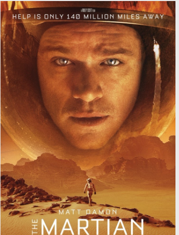 영화 마션의 포스터, 주인공이 헬멧을 쓰고 정면을 바라보는 진지한 표정이다