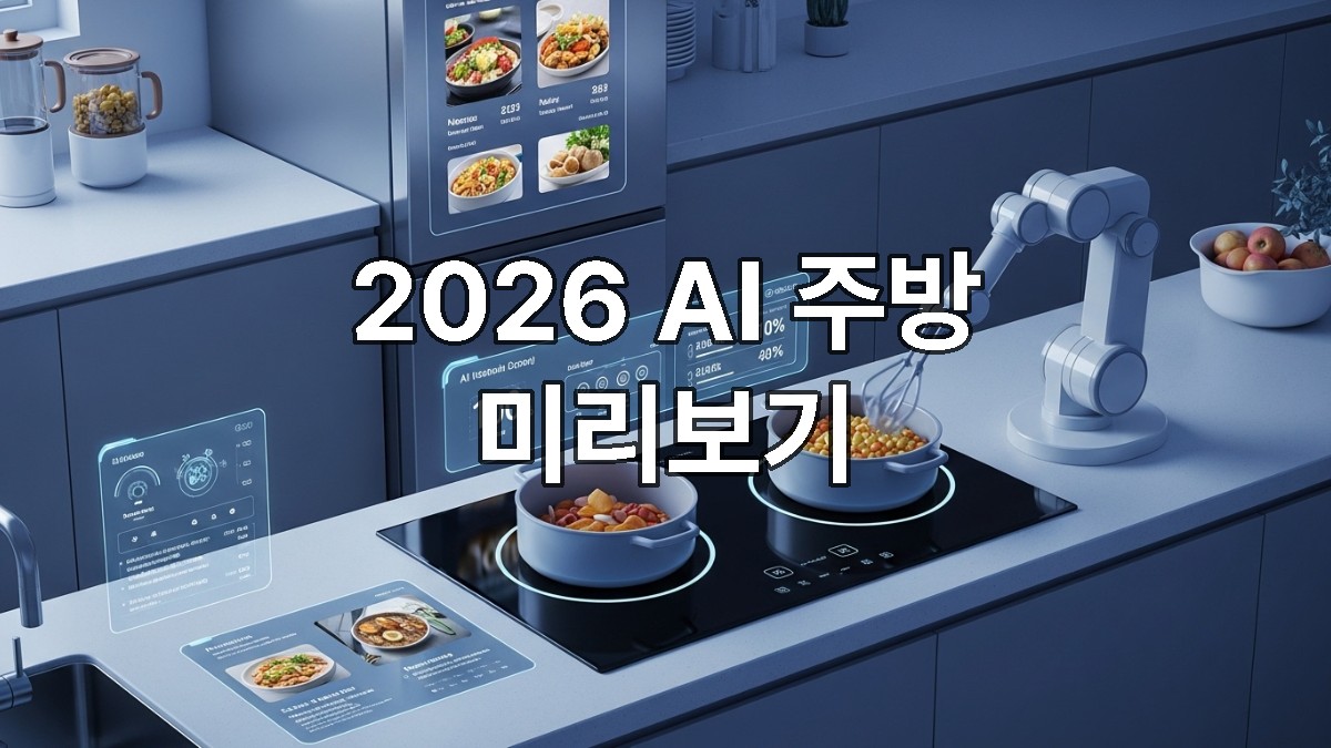 2026년 AI 스마트 주방의 미래 모습: 개인 맞춤형 레시피를 보여주는 냉장고와 자동 요리 로봇이 있는 현대적인 주방