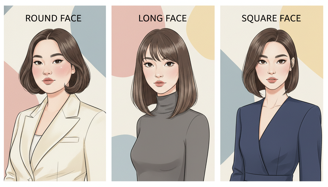 둥근 얼굴형, 긴 얼굴형, 각진 얼굴형에 맞게 앞머리와 기장을 다르게 연출한 맞춤형 단발 스타일 비교