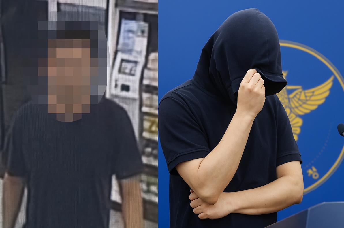 기자 회견장에서 옷으로 얼굴을 가린 피의자 모습