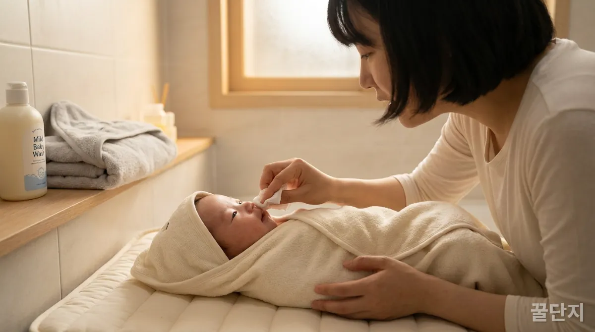 부모가 신생아에게 스펀지 목욕을 시키는 모습