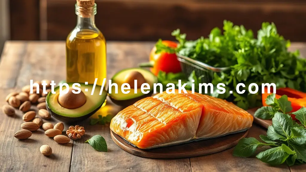 신선한 올리브유 병, 잘 익은 아보카도, 아몬드와 호두 같은 견과류, 그리고 오메가-3가 풍부한 윤기 나는 구운 연어가 나무 식탁 위에 정갈하게 놓여 있는 모습.