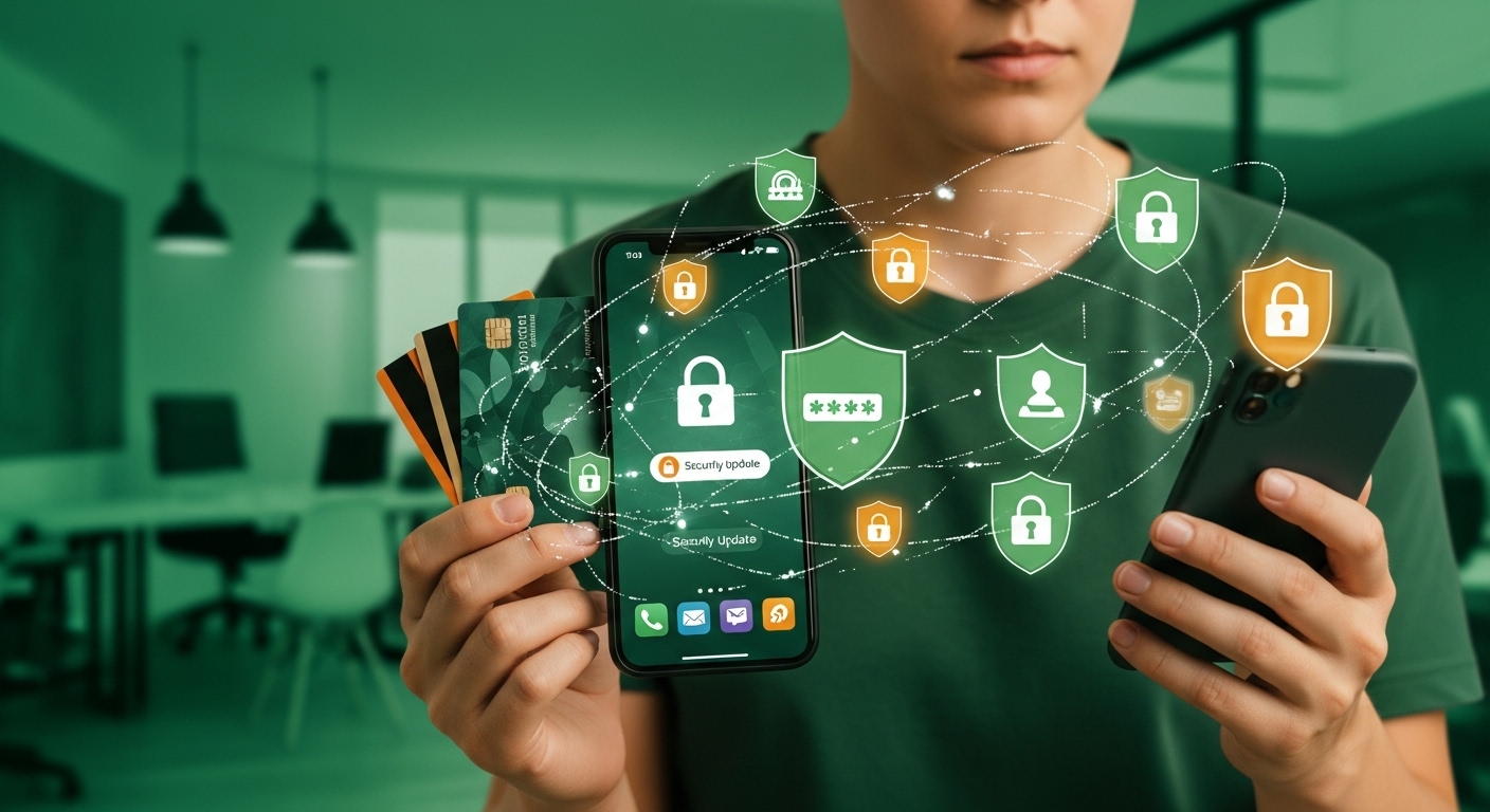 여러 개의 신용카드와 스마트폰을 들고 있는 사람. 비밀번호 변경과 2단계 인증 등 개인정보 보안 강화 조치를 상징합니다.