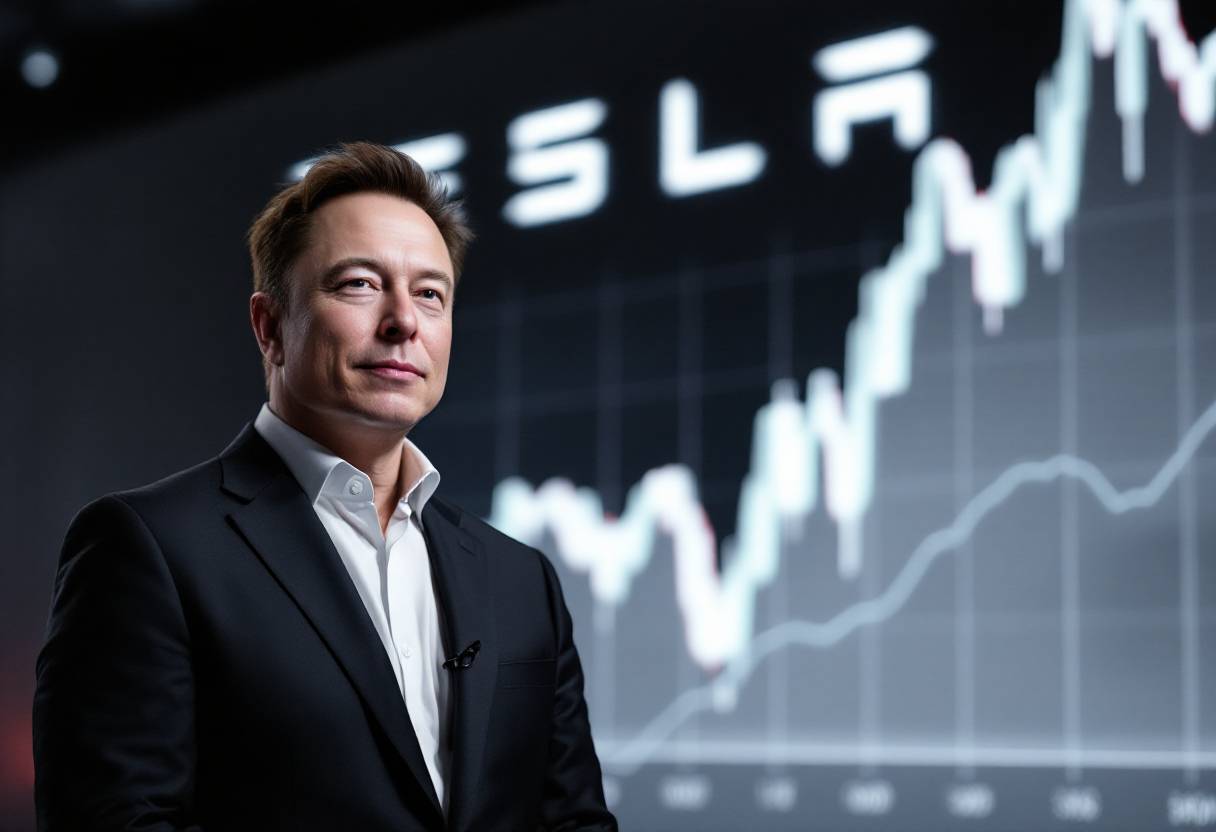 테슬라 로고와 주가 그래프를 배경으로 서 있는 일론 머스크