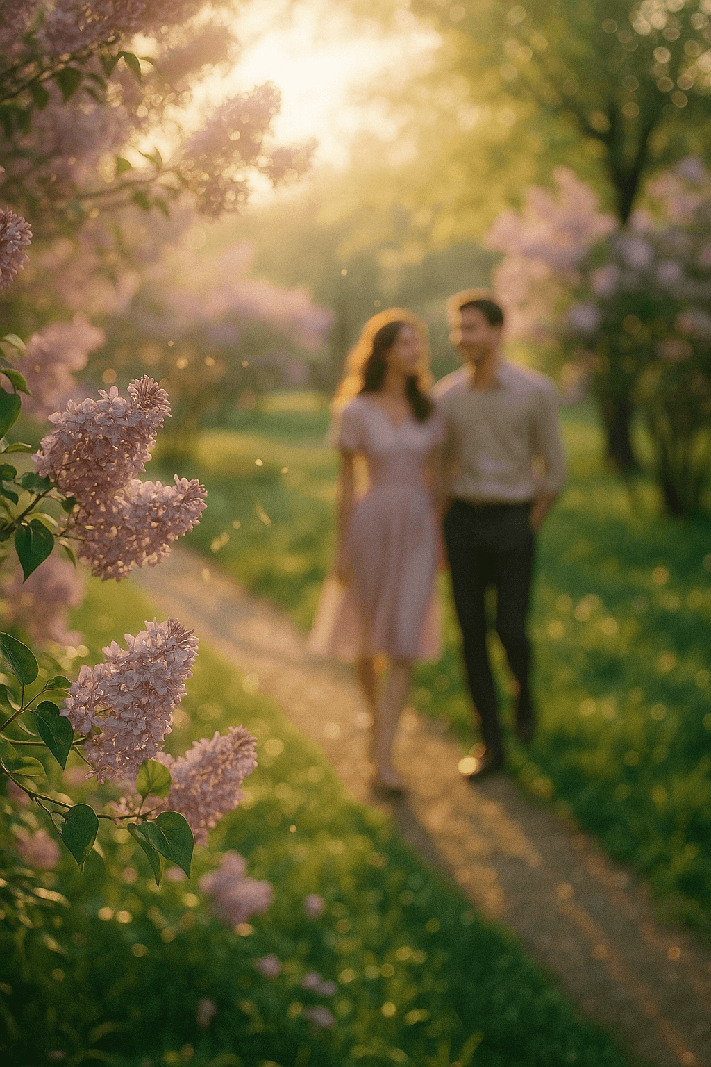 라일락 꽃이 만개한 봄날의 공원, 햇살이 꽃잎 사이로 스며들고, 배경에는 손을 잡고 걷는 젊은 커플이 흐릿하게 보이는 몽환적인 분위기의 장면