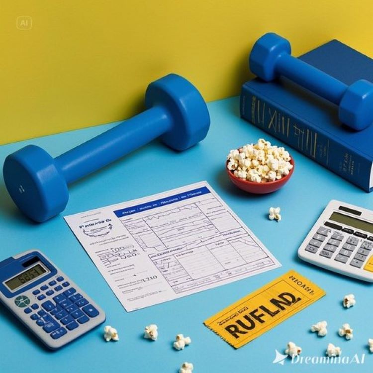 책, 공연 티켓, 영화관 팝콘, 헬스장 덤벨이 어우러진 밝고 활기찬 이미지. 배경은 연말정산 계산기와 세금 환급 이미지를 강조한 파란색과 노란색 톤.