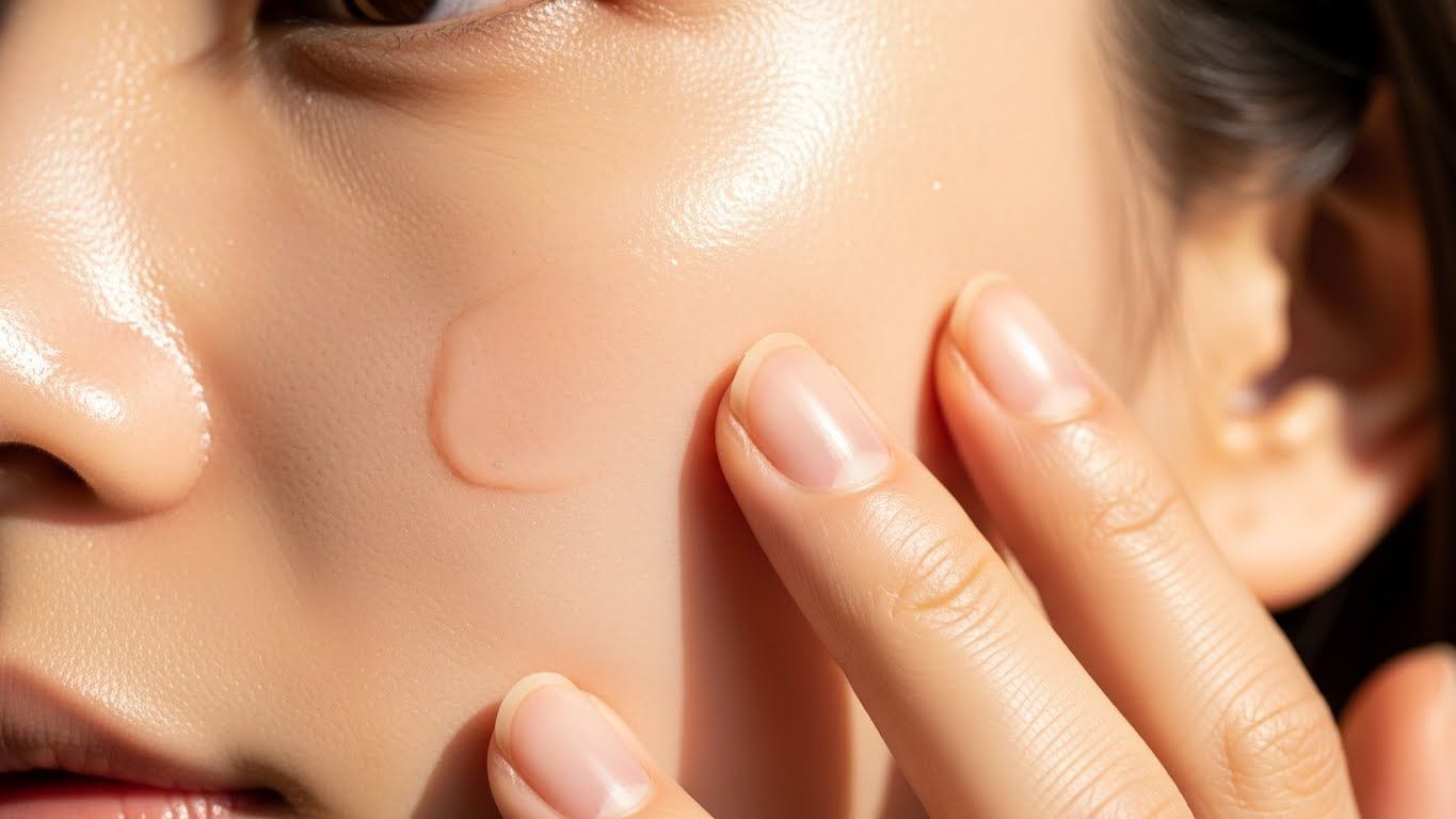 아누아 하트리프 77% 수딩 토너를 뺨에 부드럽게 바르고 토너가 피부에 눈에 띄게 수분을 공급하는 클로즈업 사진입니다.