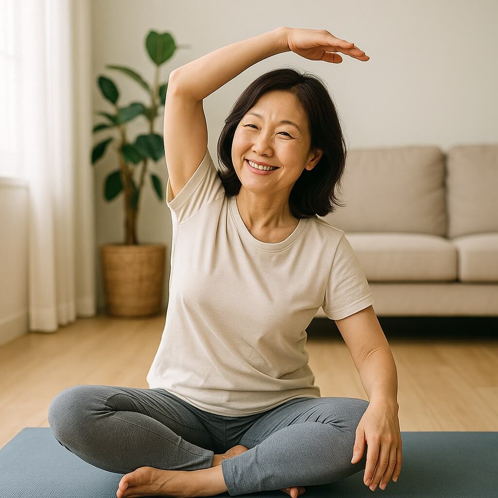 50대 여성이 거실에서 요가 스트레칭을 하며 몸과 마음의 활력을 회복하는 모습