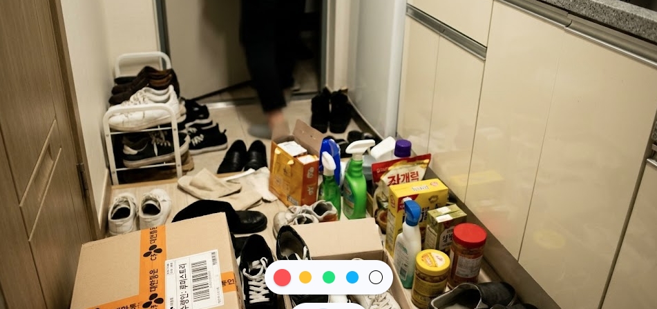 공간 최적화 적용 전의 물리적 데이터 병목 구간(현관 및 하부장)