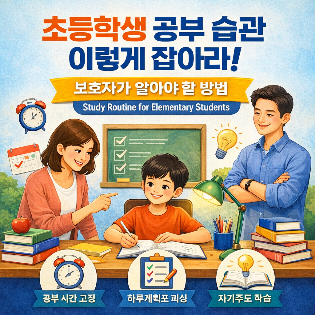 초등학생 공부 습관을 형성하는 모습을 담은 일러스트 이미지로, 부모가 아이의 학습을 도와주며 체크리스트, 시계, 책상 환경 등을 통해 규칙적인 공부 루틴과 자기주도 학습의 중요성을 강조하는 장면