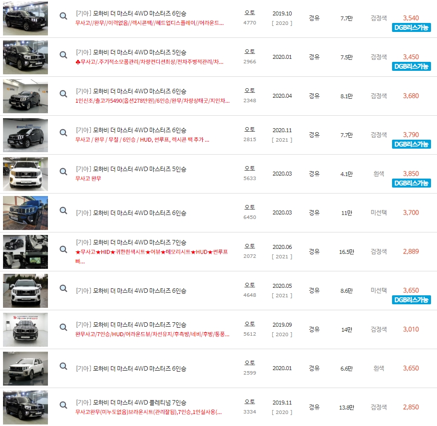 모하비 더 마스터 중고차 시세 : 2,539만원~5,560만원