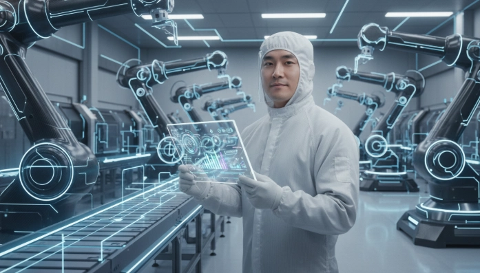 환수 통보를 계기로 내부 시스템을 개선하고 스마트공장 운영을 더욱 효율적으로 관리하는 한국인 경영자의 모습