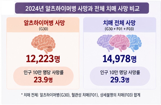 2024년 알츠하이머병 사망자 12223명과 전체 치매 사망자 14978명을 비교한 인포그래픽