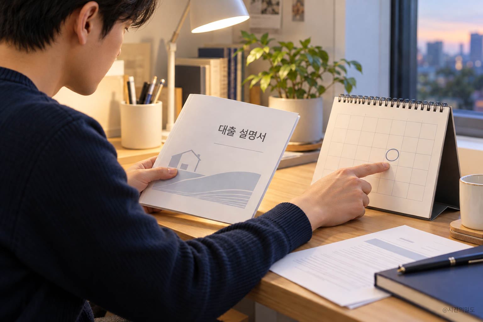 대출 설명서와 달력에서 다음 금리 변경일을 대조하는 장면