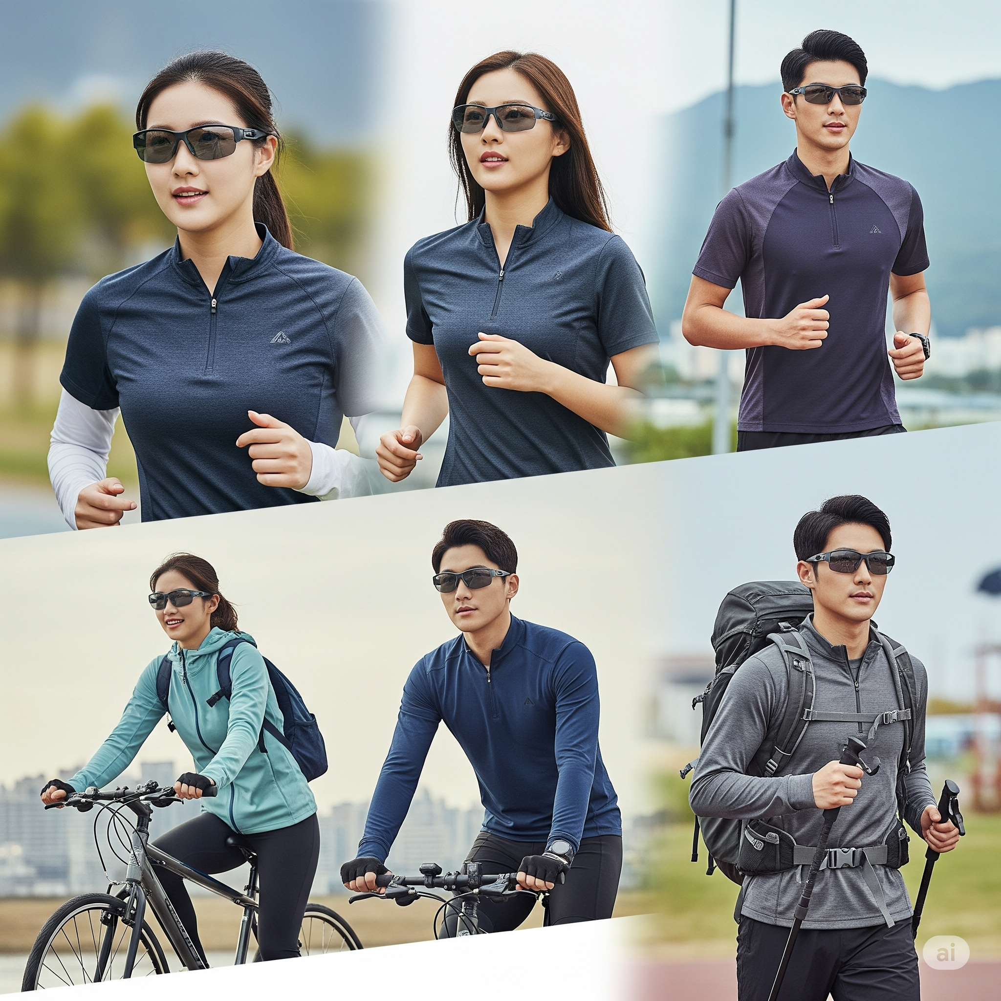 야외에서 스포츠용 착용 제품을 착용하고 운동하는 사람들