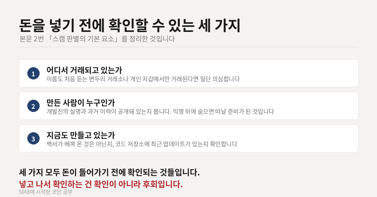 스캠 코인을 돈 넣기 전에 거르는 세 가지 확인 항목