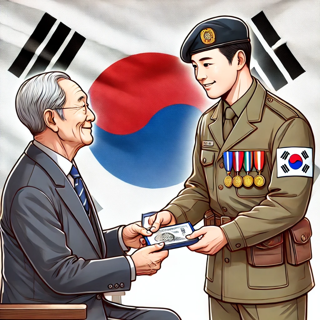 정부 관계자로부터 명예수당을 받는 한국의 참전 노병을 묘사한 일러스트. 노병은 훈장을 달고 따뜻한 미소를 지으며 감사의 표시를 하고 있으며, 배경에는 대한민국 국기가 보입니다. 국가의 인정을 상징하는 장면입니다.