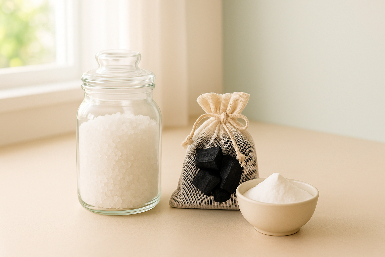 깔끔한 주방 카운터 위에 다양한 천연 제습제들이 예쁘게 배치된 모습