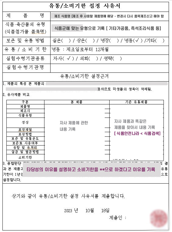 소비기한 설정 사유서 작성
