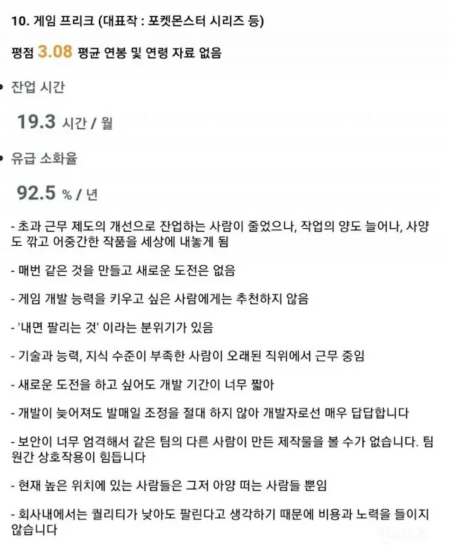 게임프리크 사내 환경 회사 평점