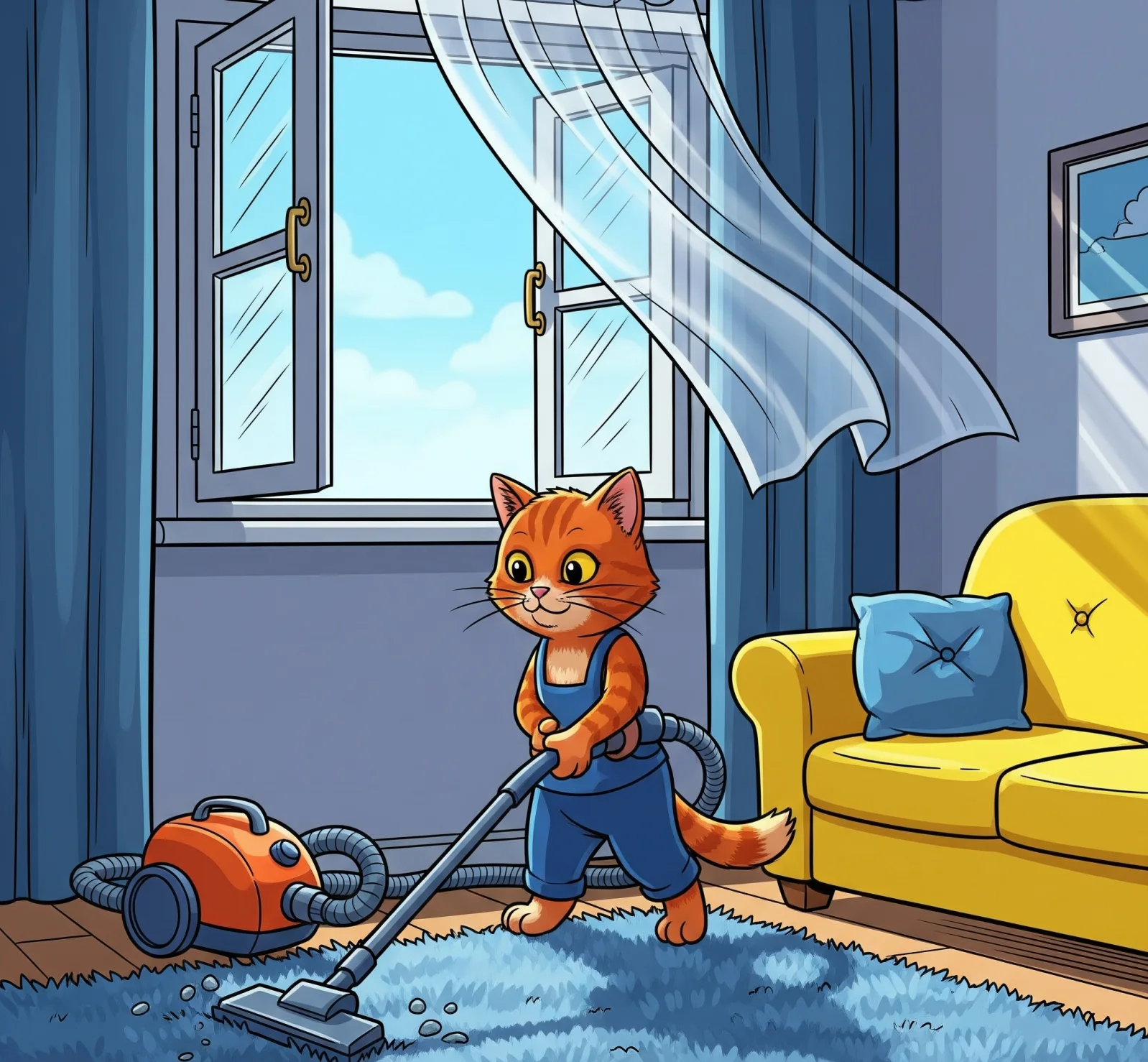 창문을 열고 청소기 돌리는 고양이 그림, Illustration of a cat opening a window and vacuuming