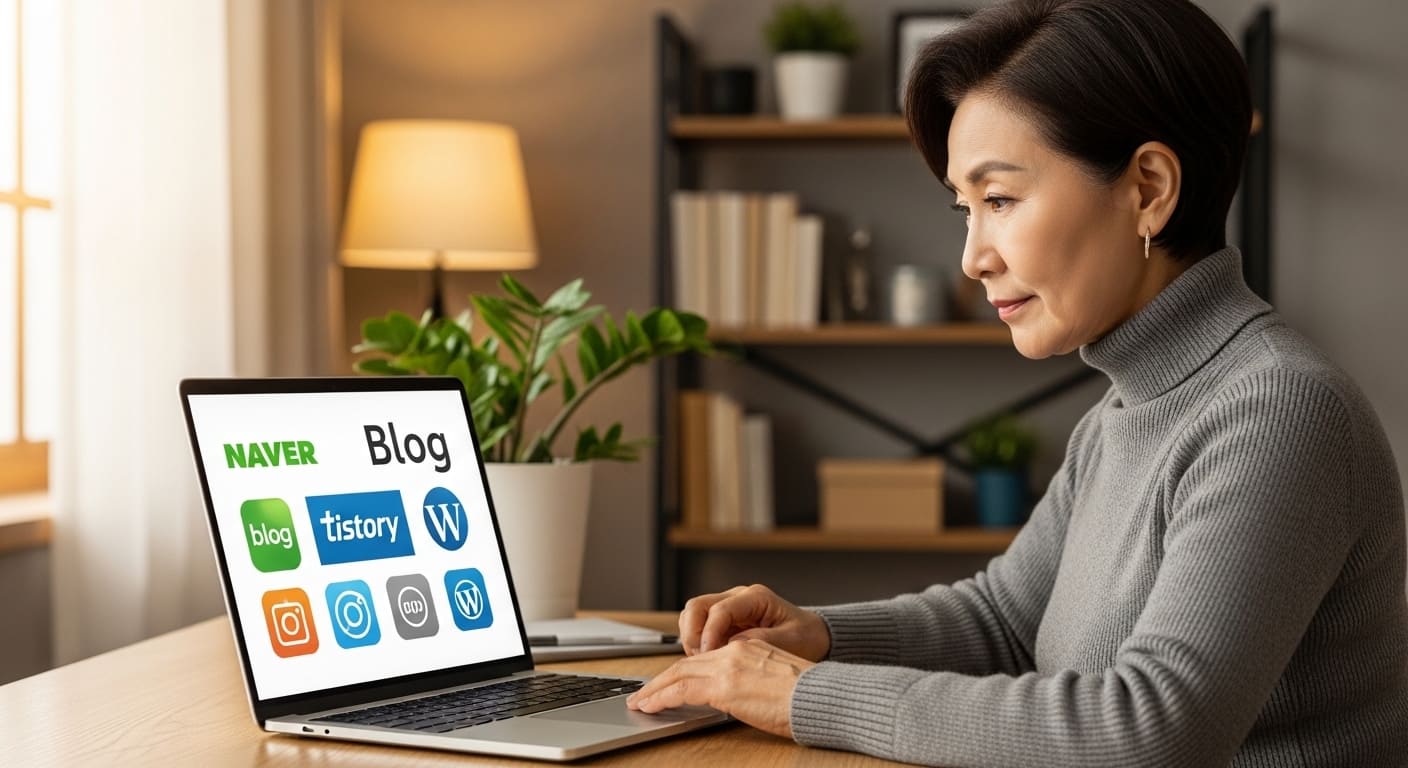 시니어 블로거가 태블릿으로 네이버, 티스토리, 워드프레스 등 다양한 블로그 플랫폼을 비교하며 선택하는 모습.
