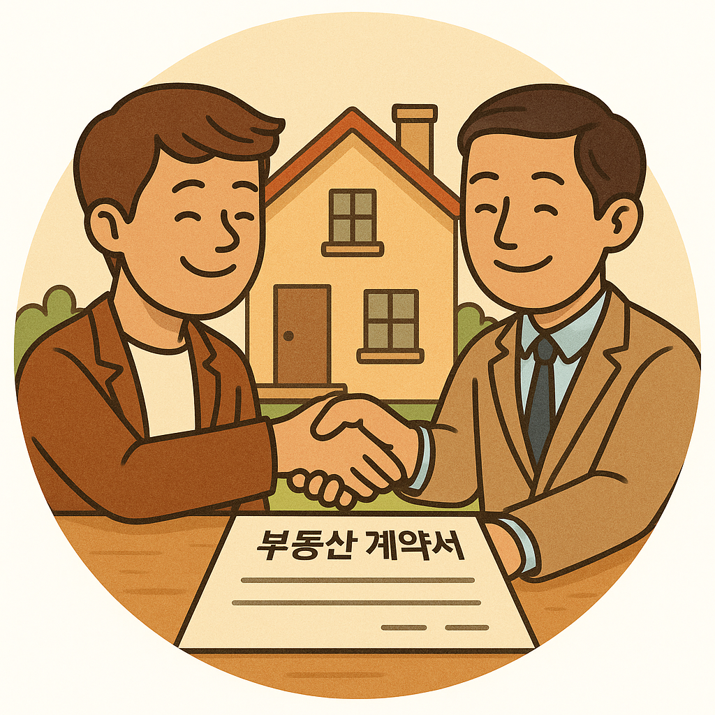 부동산 계약서 위에서 악수하는 두 남성, 배경에 새 집이 보이고 서로 미소 짓는 신뢰감 있는 장면