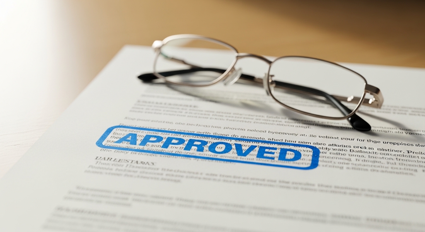 Close-up of an official document with a APPROVED stamp in blue ink, resting on a clean office desk with a pair of glasses. Photorealistic, soft lighting.