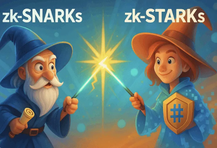 zk-SNARKs vs zk-STARKs를 상징하는 두 마법사가 영지식 증명(ZK Proof)을 두고 마법 대결을 펼치는 픽사풍 일러스트. 이 이미지는 영지식 증명 기술 비교를 직관적으로 시각화한 대표 이미지입니다 (zero-knowledge proof, zk-rollup, blockchain illustration)