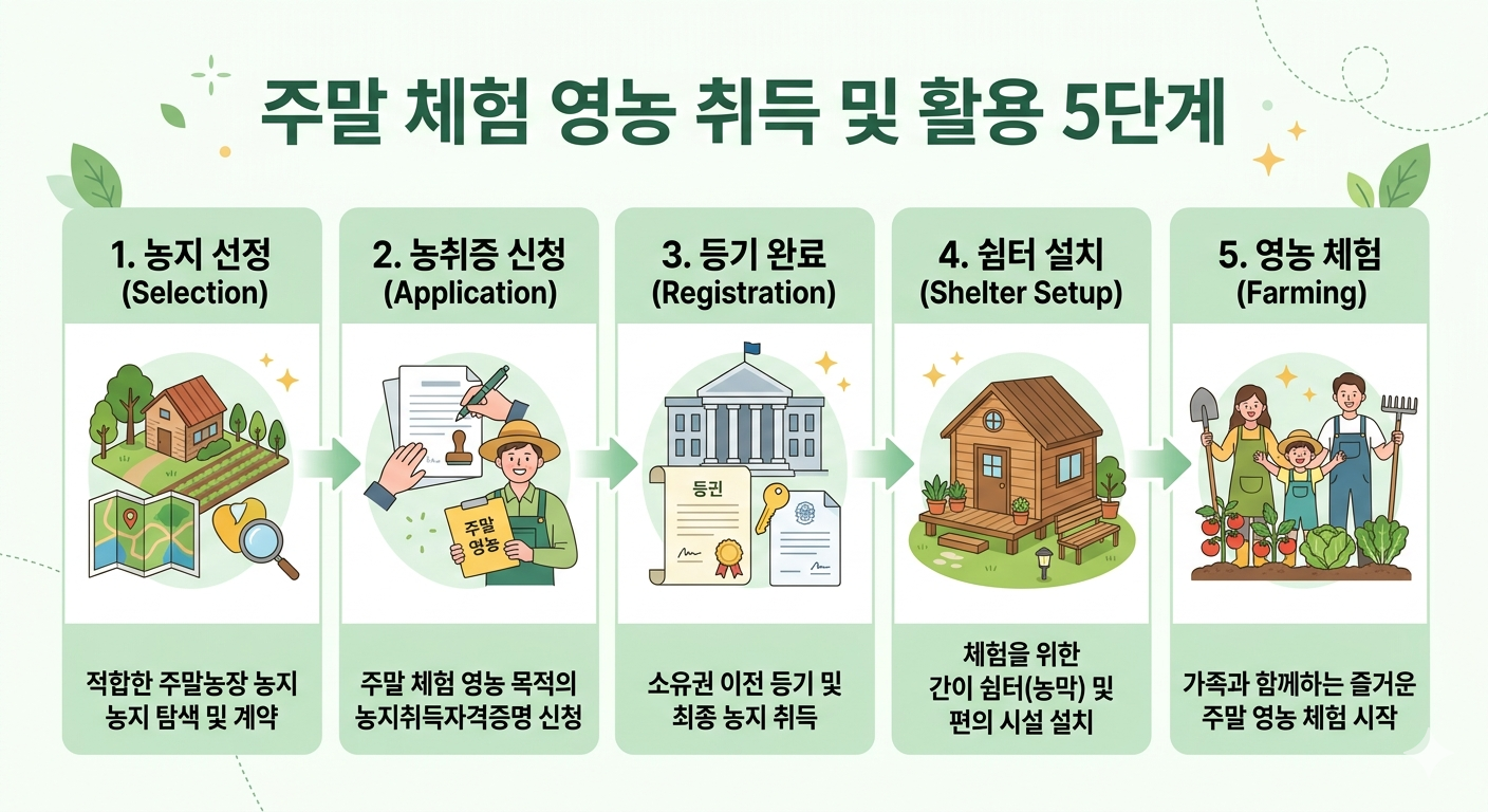 주말체험영농 취득 및 활용 5단계 인포그래픽