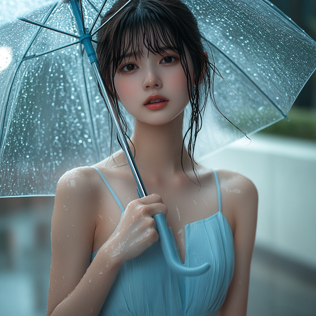 극한 호우 피하려고 우산쓰고 있는 여성