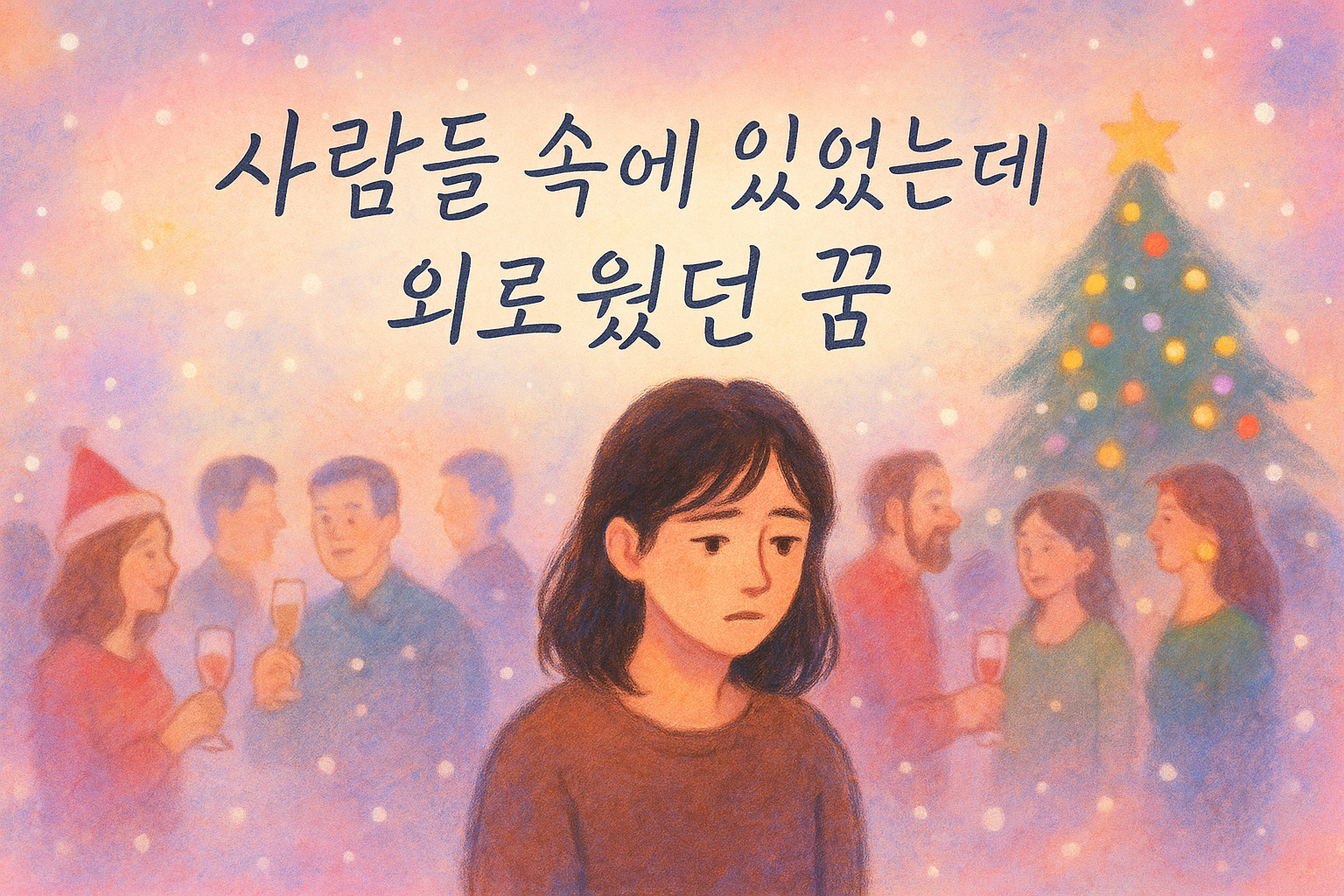 연말 모임 분위기 속에서 혼자 외로워 보이는 인물을 그린 파스텔톤 꿈 장면