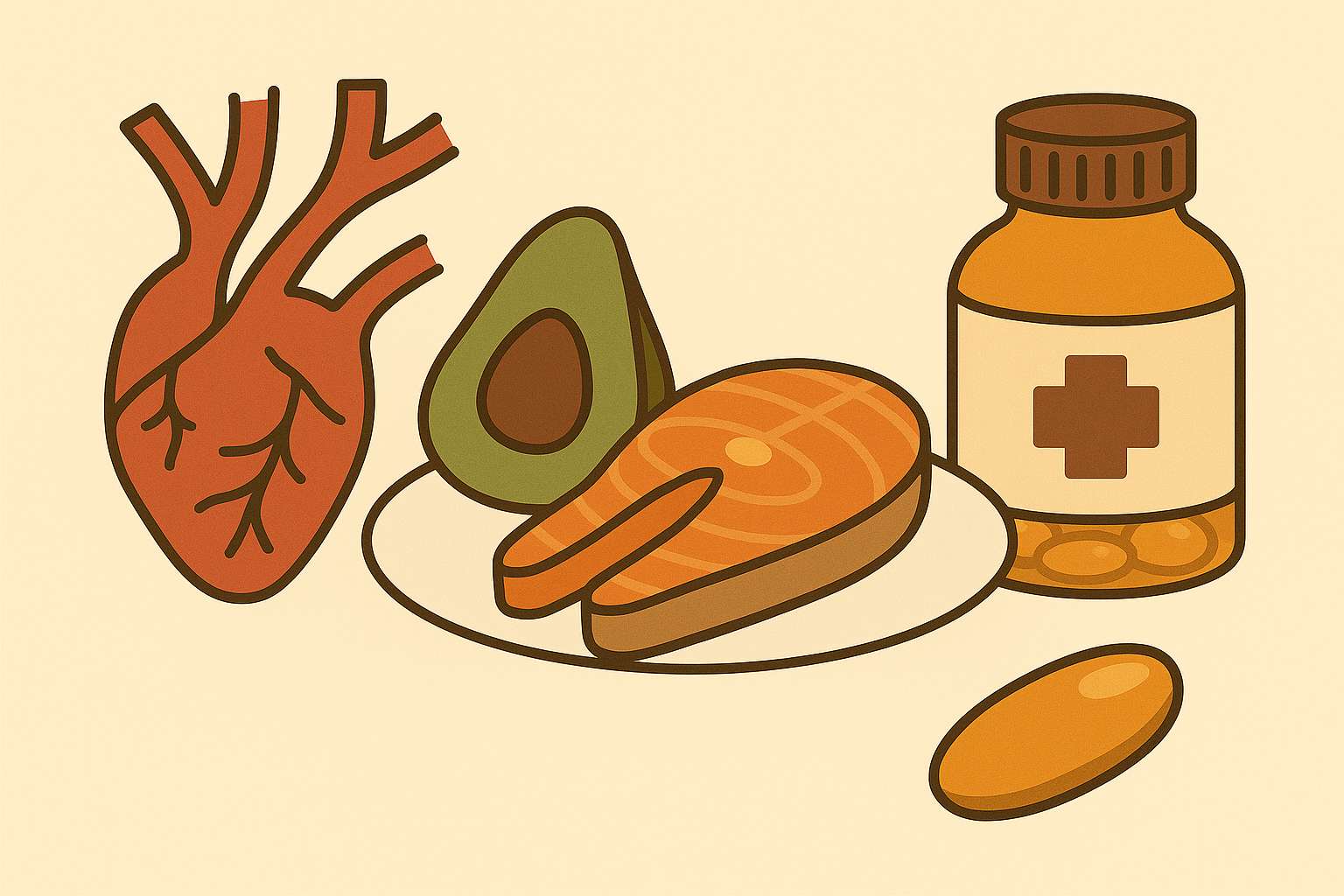 혈관 건강을 위해 오메가3가 풍부한 연어, 아보카도, 보충제를 표현한 일러스트