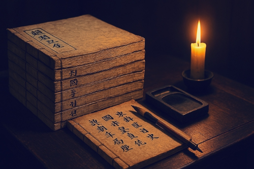 어두운 나무 책상 위에 놓인 조선왕조실록 같은 고서(古書)와 촛불. 촛불이 붓과 벼루, 한자가 쓰인 펼쳐진 책을 비추고 있어 학문적이고 사색적인 분위기를 연출한다.