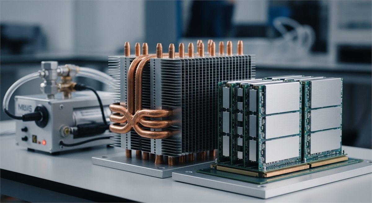 고성능 메모리 칩과 냉각 모듈을 함께 보여주는 기술 상징 장면 