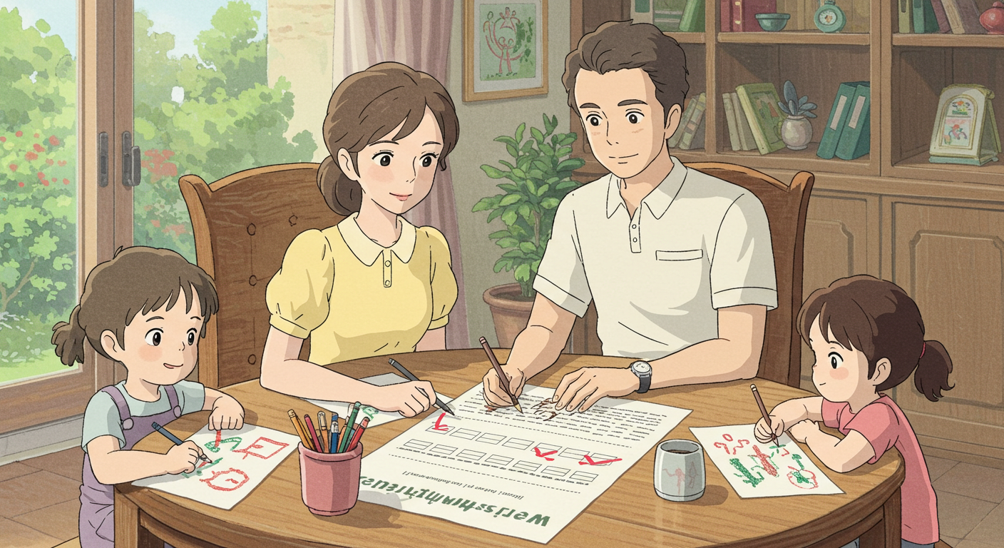 가족이 암보험 체크리스트를 검토하는 장면