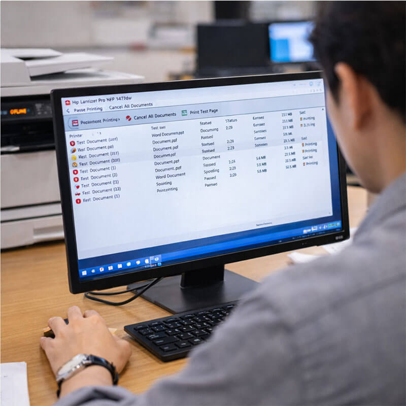 컴퓨터 화면에서 인쇄 대기열을 확인하며 멈춘 인쇄 작업을 점검하는 모습