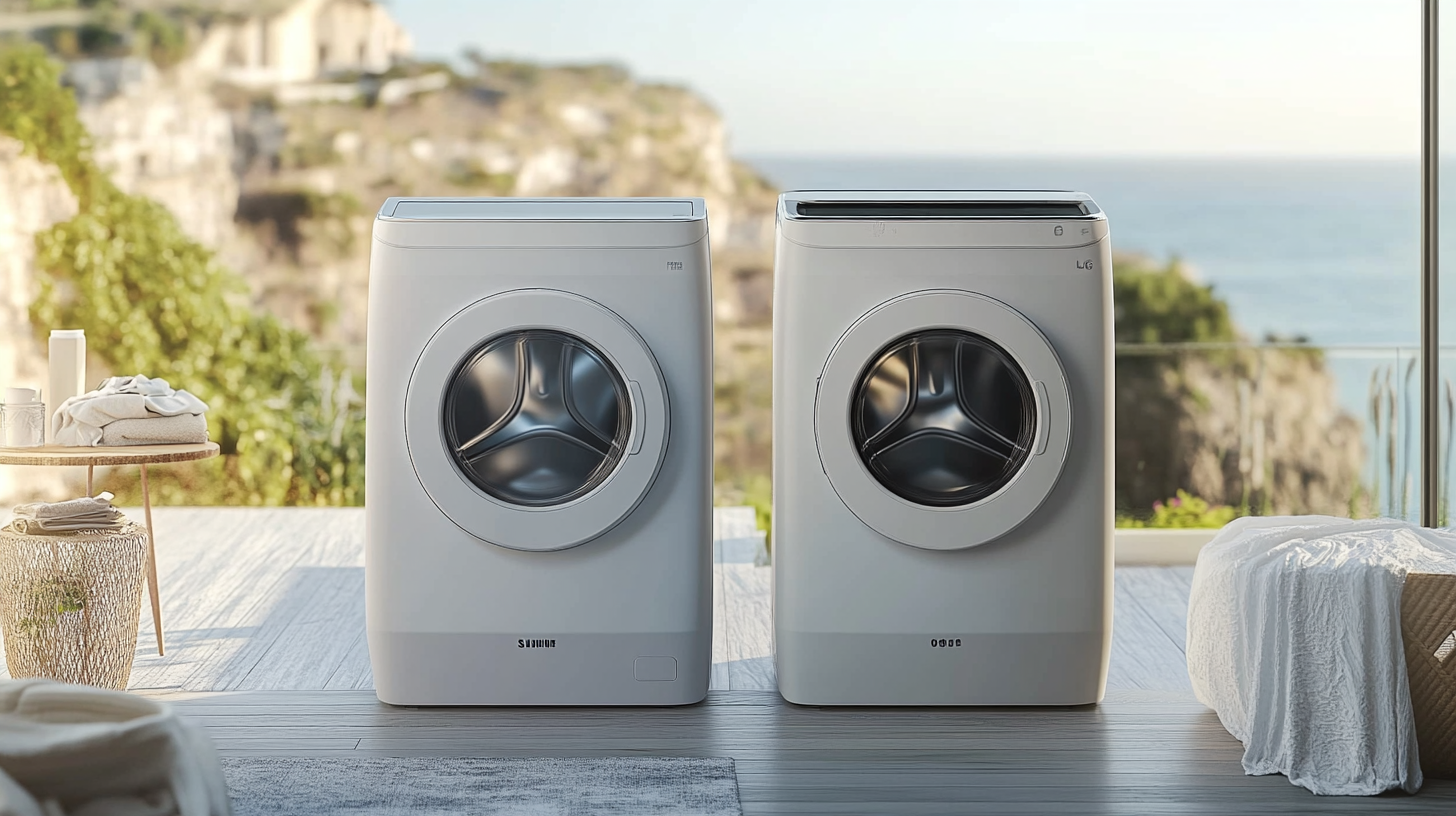 나란히 놓인 삼성 세탁기와 LG 오브제 세탁기, 디자인 및 기능상의 차이점을 강조하여 비교하는 이미지. 균형 잡힌 조명과 정밀한 디테일이 돋보입니다.