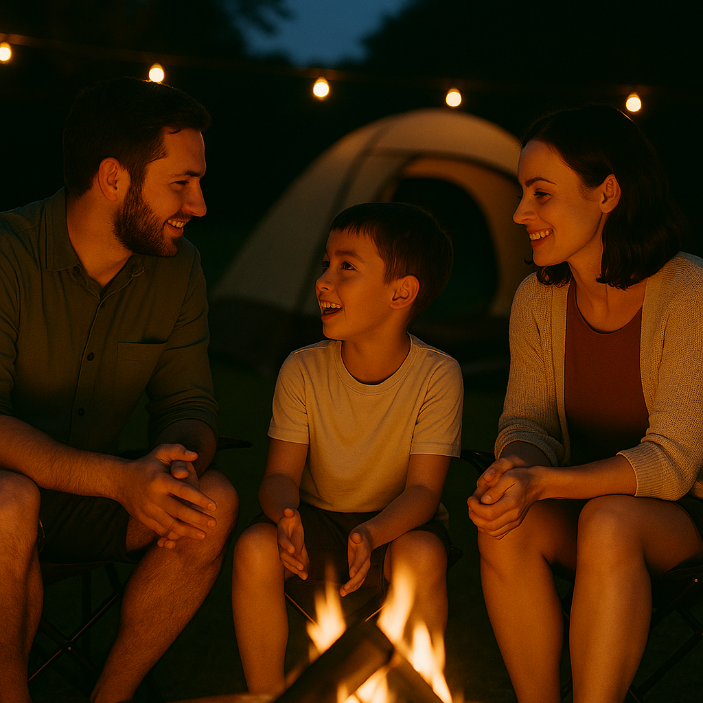 엄마 아빠 아이가 캠핑장에서 불멍하며 이야기 나누는 모습