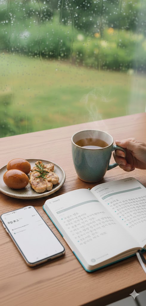 비 내리는 차분한 오후, 창가 앞 원목 테이블 위에 차려진 건강한 회복 식단 이미지. 접시 위에는 노릇하게 잘 구워진 구운 달걀 두 알과 노릇노릇하게 구워진 닭가슴살 단백질이 담겨 있다. 그 옆으로는 따뜻한 김이 올라오는 찻잔과 건강 루틴을 꼼꼼히 기록한 메모 노트, 그리고 구글 유입 로그가 표시된 스마트폰이 놓여 있어 자기 주도적인 건강 관리의 삶을 보여준다.