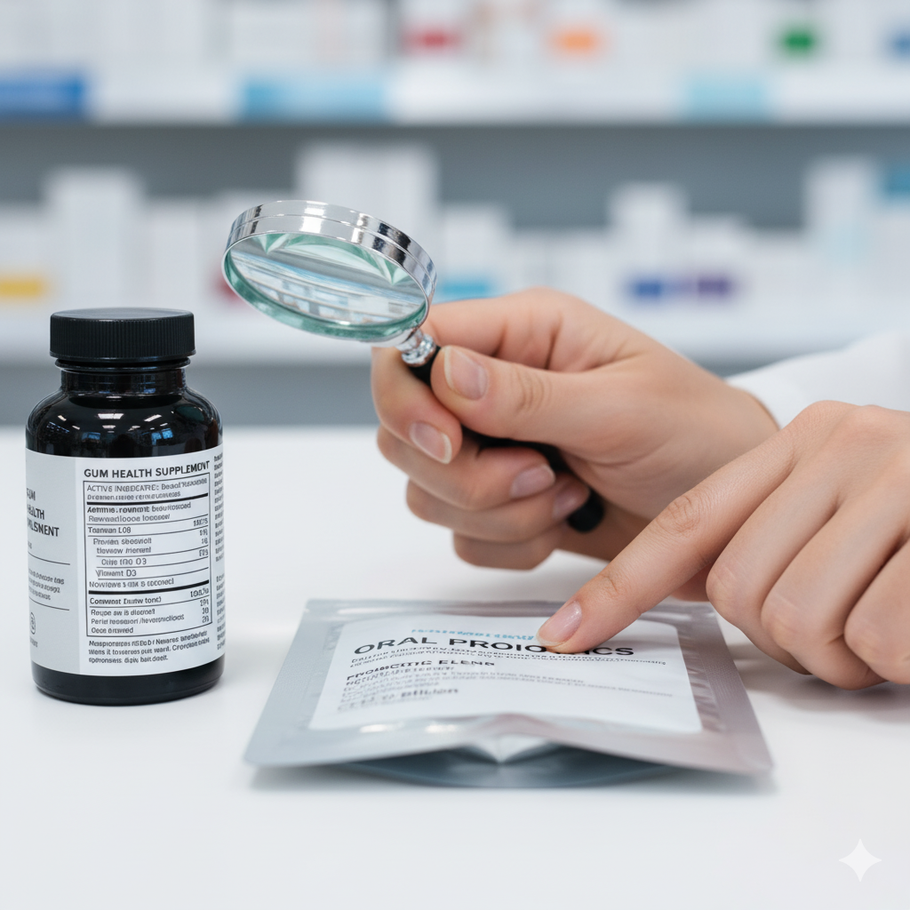 돋보기를 들고 잇몸 영양제와 구강 유산균 성분표를 꼼꼼히 비교 확인하는 소비자의 손 클로즈업.