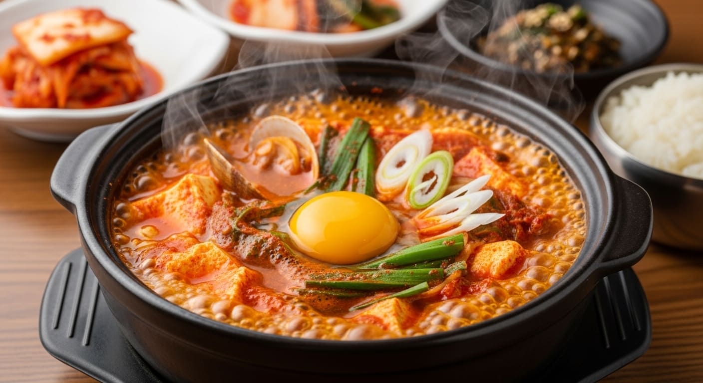 뚝배기에 담겨 보글보글 끓고 있는 얼큰하고 먹음직스러운 순두부찌개.