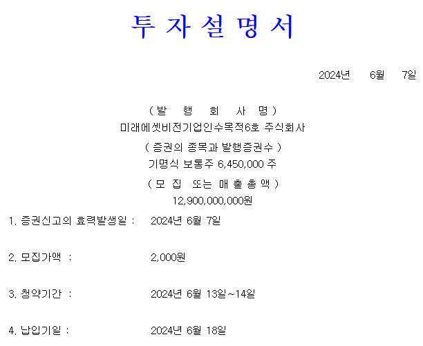 미래에셋비전스팩6호 공모가