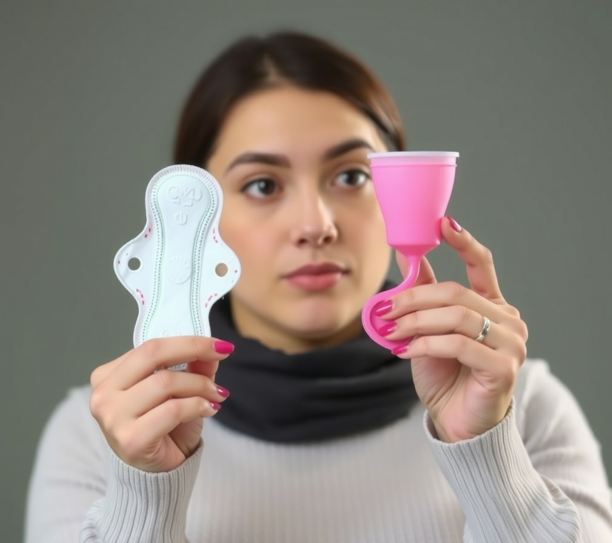 생리대와 생리컵을 보고 무엇을 사용할지 고민하는 여성의 모습