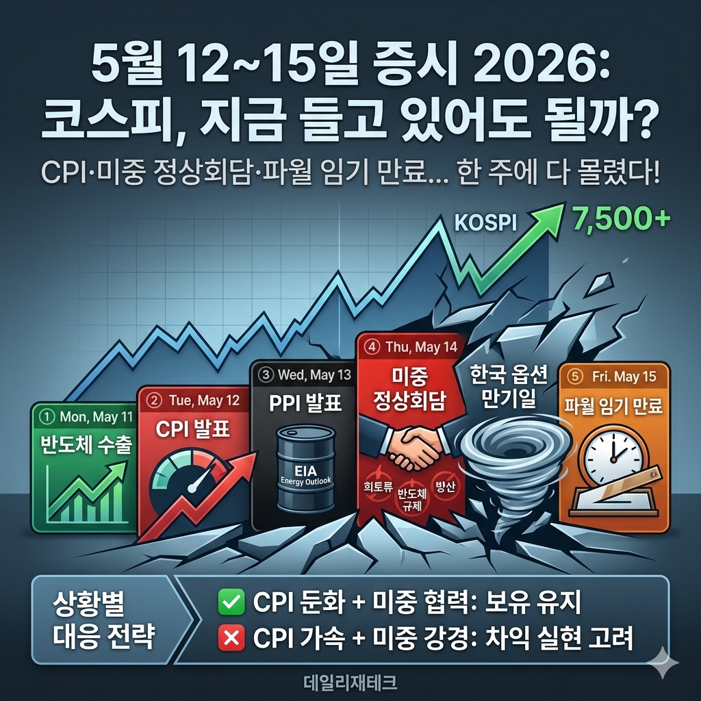 5월 12~15일 증시 2026 &mdash; CPI&middot;미중 정상회담&middot;파월 임기 만료가 한 주에 다 몰렸는데, 코스피 지금 들고 있어도 될까?