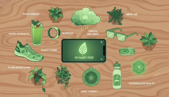 2025년 건강 키워드 TOP 10을 상징하는 AI 헬스 앱, 운동화, 스무디, 식물이 배치된 현대적이고 자연적인 일러스트레이션