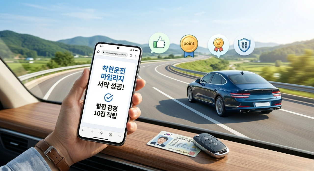 차량 조수석 시점에서 스마트폰 앱을 통해 '착한운전 마일리지 서약'을 성공적으로 마친 화면을 보여주는 모습입니다.
배경의 탁 트인 도로와 대시보드 위 면허증은 무사고 서약의 현장감을 더하며, 앞으로 1년간의 안전 운전을 다짐하는 순간을 상징합니다.